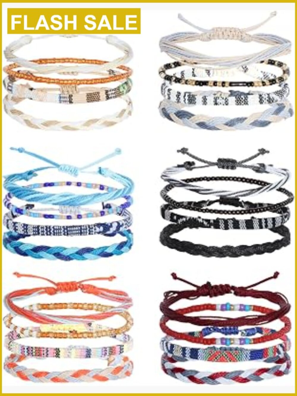 24 Pcs Boho Surfer Bracelet Anklet Set Adjustable Cord Wrap Rope String